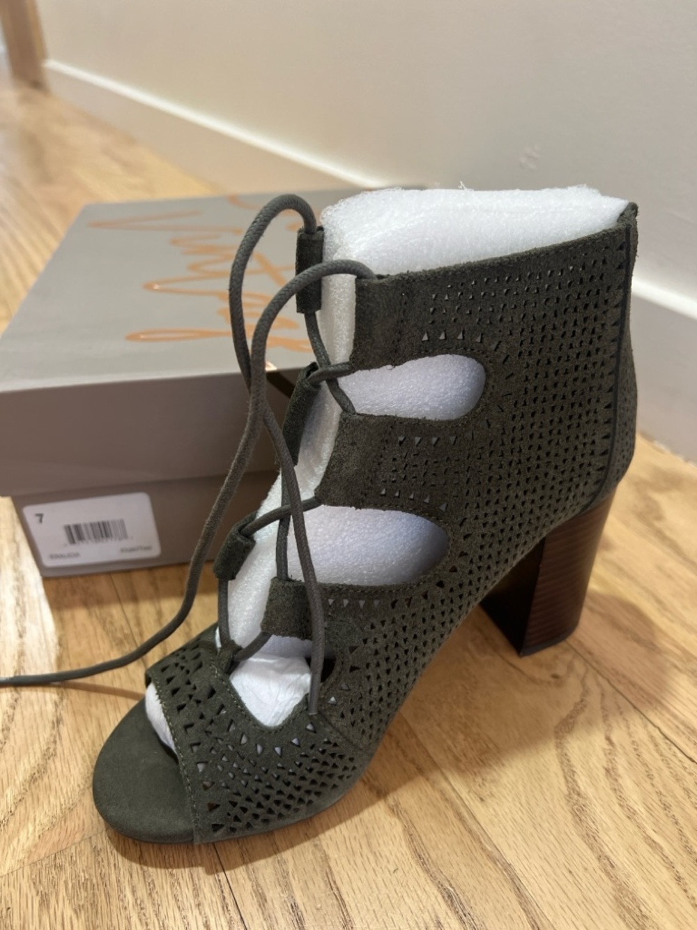 Crown Vintage Eralicia Peep Toe Lace-Up Bootie- Olive